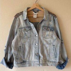 AMPM Light Blue Denim Jacket with Leopard Shoulder Detail